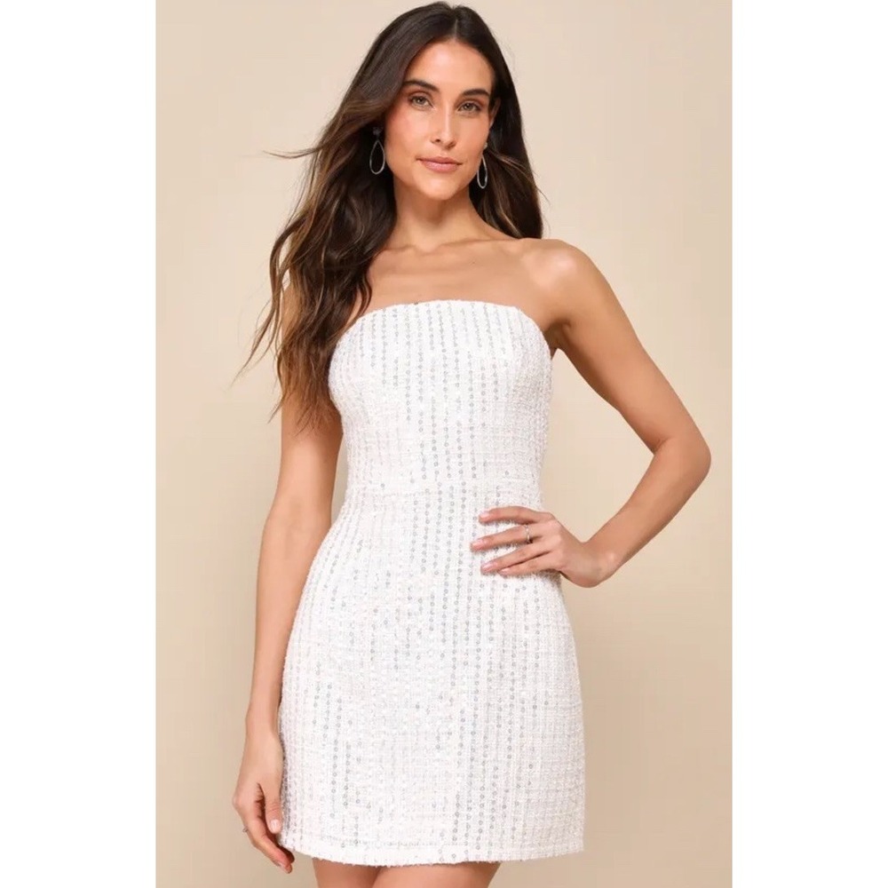 NWT Lulu's Luxe‎ Mentality Ivory Tweed Sequin Strapless Lace-Up Mini Dress Sz S